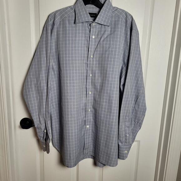 Ermenegildo Zegna Shirt Mens 17 43 Blue White Plaid Regular Fit Business Career - Picture 2 of 16